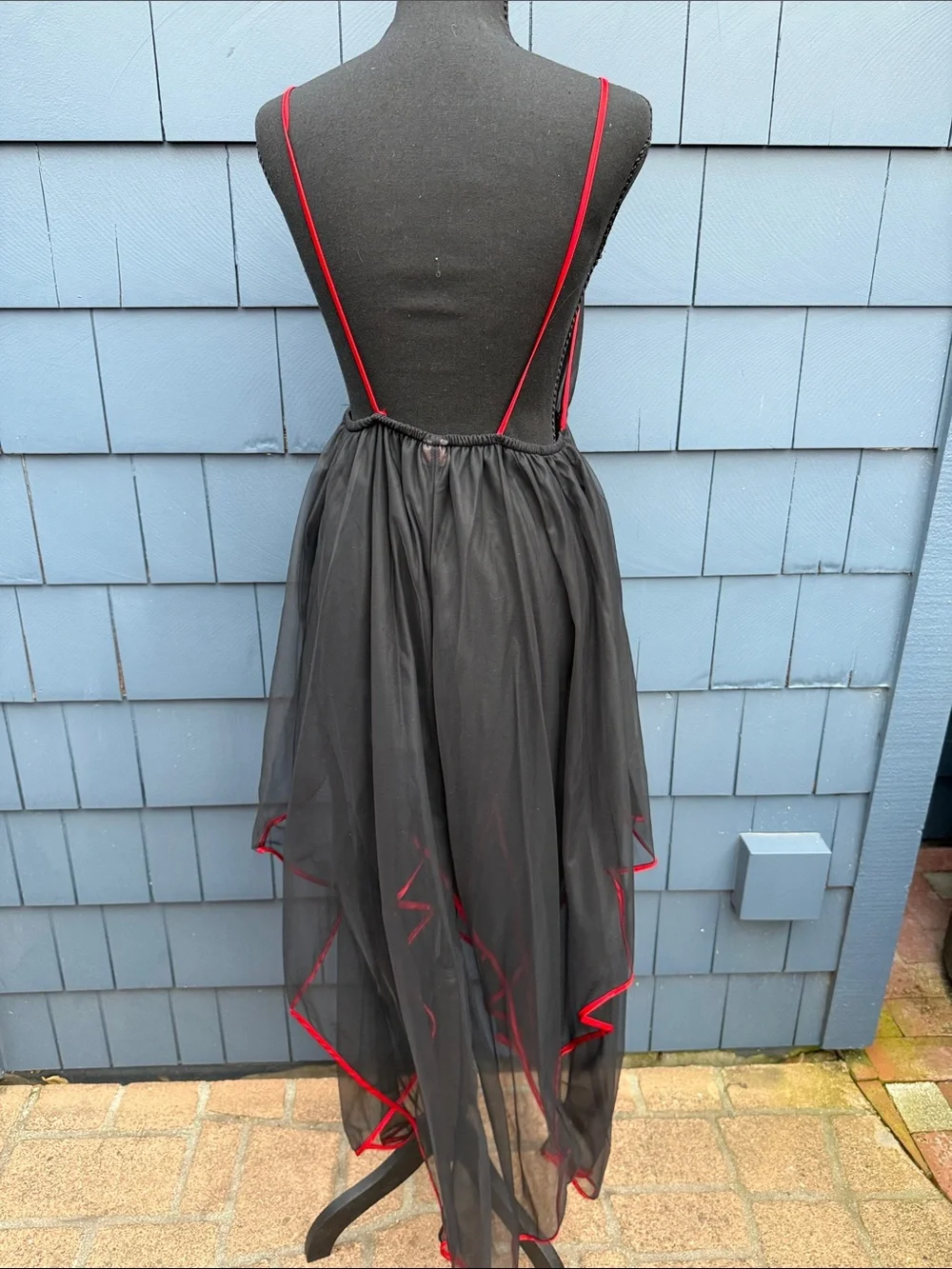 Jill Andrea of New York Vintage Black Mesh Handkerchief Hem Dress with Red Trim